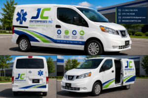 ## Nuestra Unidad de Transporte

Nissan NV forma parte de la flota profesional de [JC Enterprises INC](https://jcenterprisesinc.org?utm_source=chatgpt.com), diseñada y equipada para brindar servicios de transporte médico y logística con seguridad, organización y eficiencia.

Nuestra van rotulada representa la imagen profesional de la compañía, ofreciendo transporte confiable para equipos médicos, suministros, entregas especializadas y servicios logísticos programados o urgentes. Cada unidad está preparada para operar con puntualidad, responsabilidad y altos estándares de servicio en todo Massachusetts.

En JC Enterprises INC nos enfocamos en ofrecer una experiencia segura y profesional, garantizando que cada entrega llegue a tiempo y en excelentes condiciones.

**Reliable • Professional • On Time**
